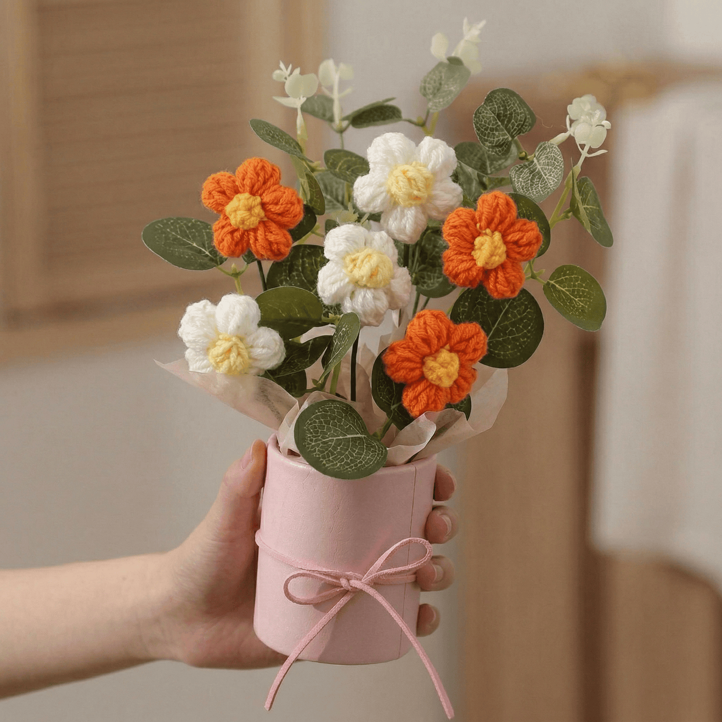 Dekorly Crochet Orange Daisy Bouquet 9 Inch with Pot | Handmade Knitted Flower Arrangement | Vibrant Artificial Floral Gift for Home Decor Birthday Anniversary Gift
