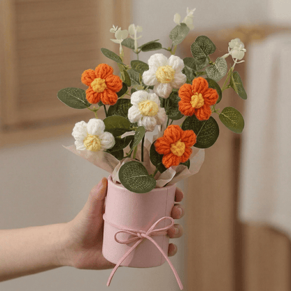 Dekorly Crochet Orange Daisy Bouquet 9 Inch with Pot | Handmade Knitted Flower Arrangement | Vibrant Artificial Floral Gift for Home Decor Birthday Anniversary Gift