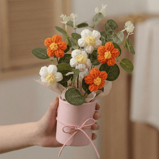 Dekorly Crochet Orange Daisy Bouquet 9 Inch with Pot | Handmade Knitted Flower Arrangement | Vibrant Artificial Floral Gift for Home Decor Birthday Anniversary Gift