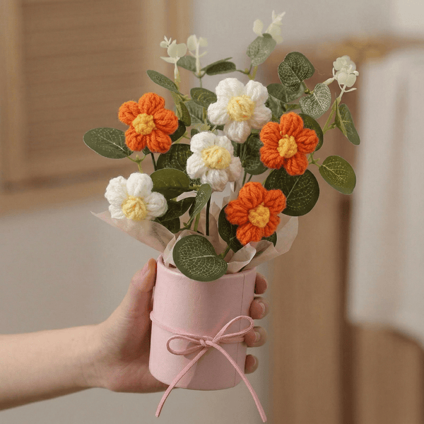 Dekorly Crochet Orange Daisy Bouquet 9 Inch with Pot | Handmade Knitted Flower Arrangement | Vibrant Artificial Floral Gift for Home Decor Birthday Anniversary Gift