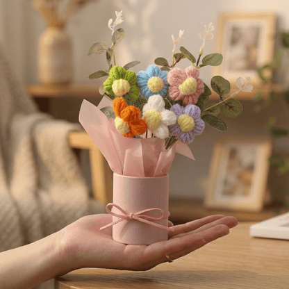 Dekorly Multicolor Crochet Daisy Bouquet 9 Inch with Pot | Handmade Knitted Flower Arrangement | Cute Artificial Floral Gift for Home Decor Birthday Anniversary Gift