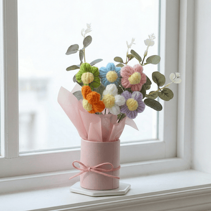 Dekorly Multicolor Crochet Daisy Bouquet 9 Inch with Pot | Handmade Knitted Flower Arrangement | Cute Artificial Floral Gift for Home Decor Birthday Anniversary Gift
