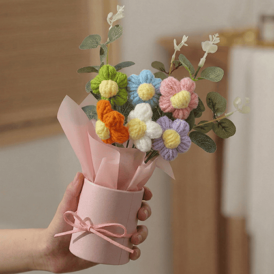 Dekorly Multicolor Crochet Daisy Bouquet 9 Inch with Pot | Handmade Knitted Flower Arrangement | Cute Artificial Floral Gift for Home Decor Birthday Anniversary Gift