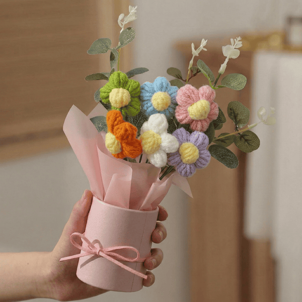 Dekorly Multicolor Crochet Daisy Bouquet 9 Inch with Pot | Handmade Knitted Flower Arrangement | Cute Artificial Floral Gift for Home Decor Birthday Anniversary Gift