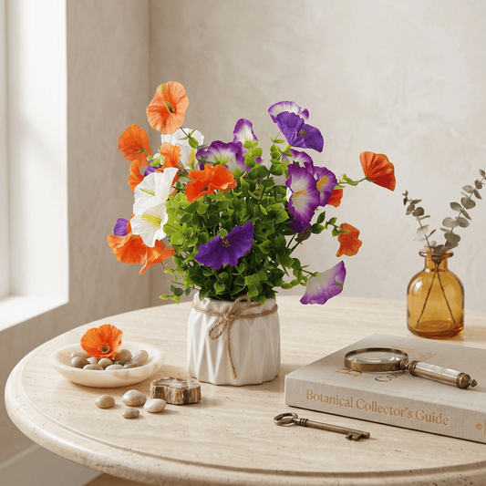Dekorly Lifelike Artificial Eucalyptus Vine with Morning Glory Flowers with White Vase Arrangement for Home & Office Décor (Set of 1) (Morning Glory Flowers)