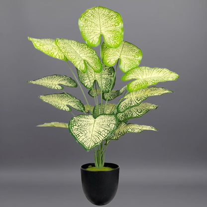 Dekorly Plastic Artificial Palm Plants Leaves Faux Turtle Leaf Fake Monstera Tropical Large Palm Tree Leaves Outdoor Leaf Decorations | 26Inch Plants with Blackpot (White-Green-Leaves)