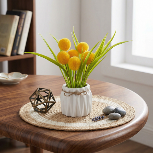 Dekorly 18CM Artificial Yellow Ping Pong Flower with White Pot – Realistic Mini Bloom for Modern Decor | Elegant Faux Floral for Vase & Decor (1, Yellow Pingpong)