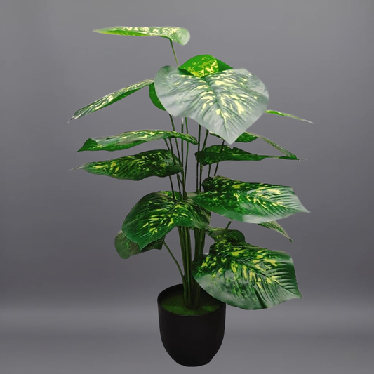 Dekorly Plastic Artificial Palm Plants Leaves Faux Turtle Leaf Fake Monstera Tropical Large Palm Tree Leaves Outdoor Leaf Decorations | 26Inch Plants with Blackpot (Green-Yellow-Leaves)
