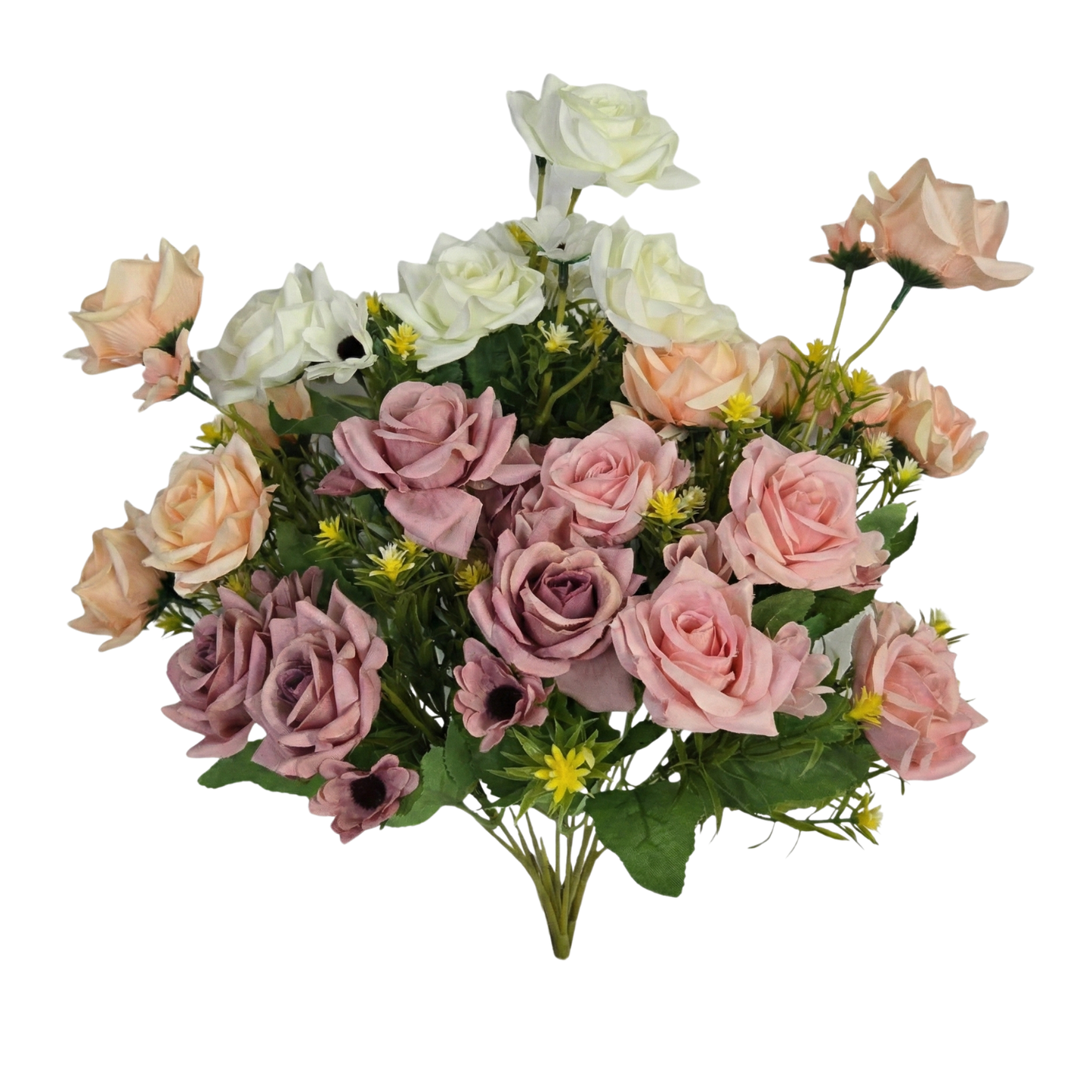 Bouquet of artificial flowers including roses and greenery on a white background