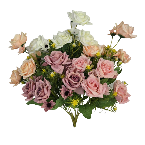 Bouquet of artificial flowers including roses and greenery on a white background