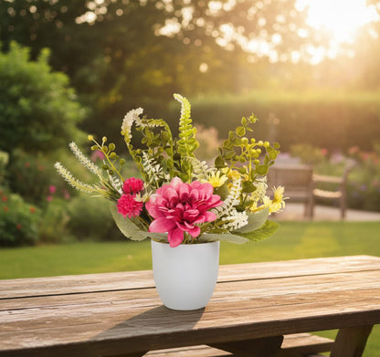 Dekorly Premium Faux Flower Chrysanthemum 28CM with Greenery- Burgundy & Yellow Bloom Mix in White Vase | Elegant Home Décor Vase Display