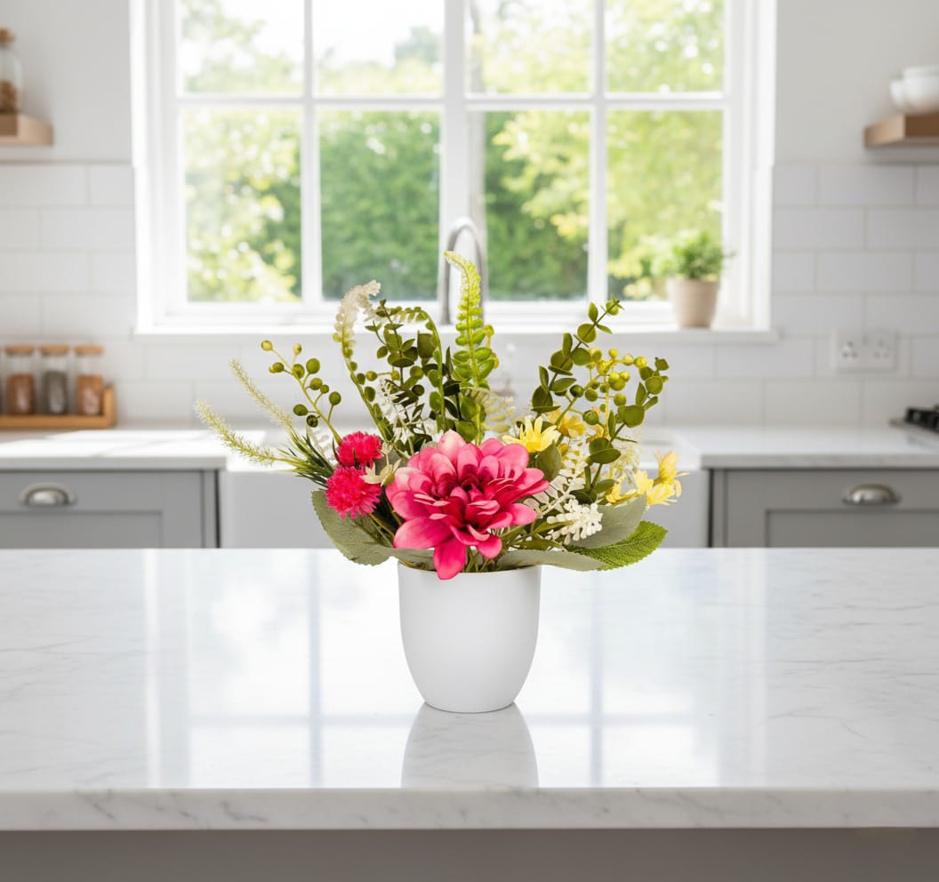 Dekorly Premium Faux Flower Chrysanthemum 28CM with Greenery- Burgundy & Yellow Bloom Mix in White Vase | Elegant Home Décor Vase Display