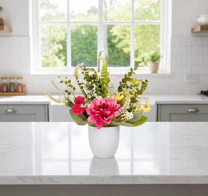 Dekorly Premium Faux Flower Chrysanthemum 28CM with Greenery- Burgundy & Yellow Bloom Mix in White Vase | Elegant Home Décor Vase Display