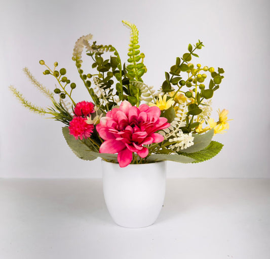 Dekorly Premium Faux Flower Chrysanthemum 28CM with Greenery- Burgundy & Yellow Bloom Mix in White Vase | Elegant Home Décor Vase Display