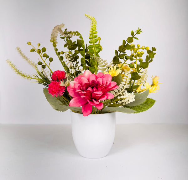 Dekorly Premium Faux Flower Chrysanthemum 28CM with Greenery- Burgundy & Yellow Bloom Mix in White Vase | Elegant Home Décor Vase Display