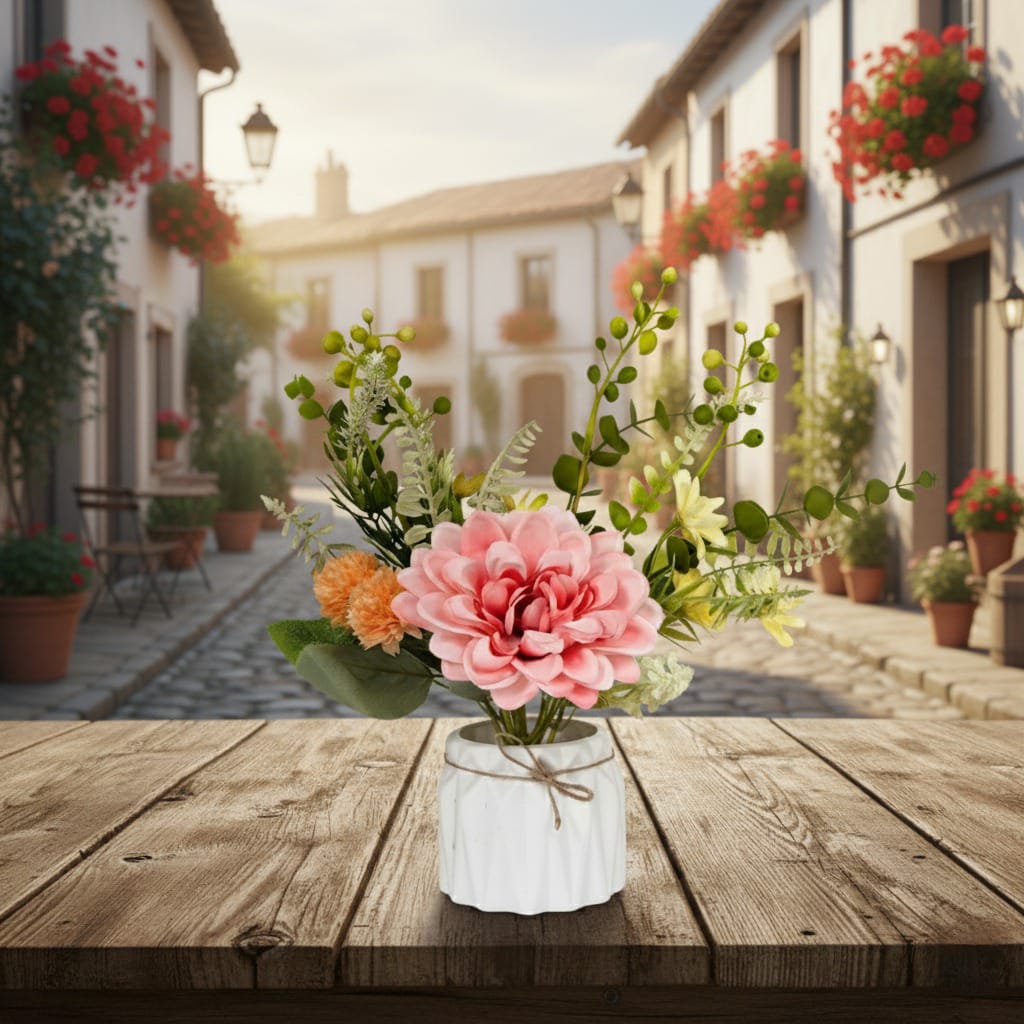 Dekorly 25cm Artificial Chrysanthemum Floral Arrangement – Burgundy & Yellow Blooms with Greenery in Decorative White Pot with Rope Tie | Faux Flower Centerpiece for Home & Office Décor