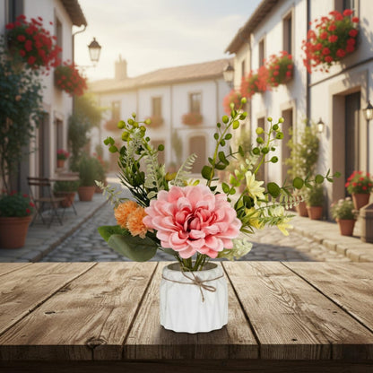 Dekorly 25cm Artificial Chrysanthemum Floral Arrangement – Burgundy & Yellow Blooms with Greenery in Decorative White Pot with Rope Tie | Faux Flower Centerpiece for Home & Office Décor