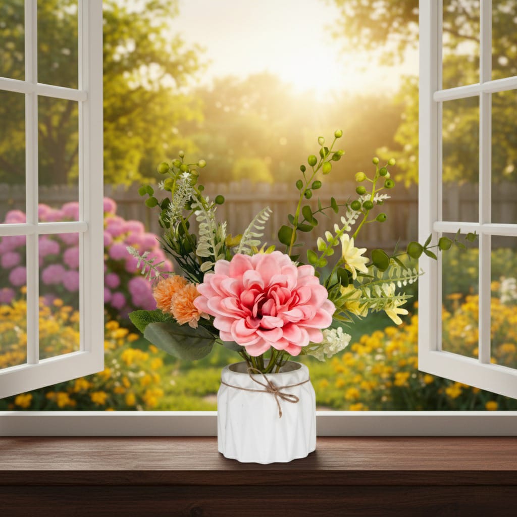 Dekorly 25cm Artificial Chrysanthemum Floral Arrangement – Burgundy & Yellow Blooms with Greenery in Decorative White Pot with Rope Tie | Faux Flower Centerpiece for Home & Office Décor