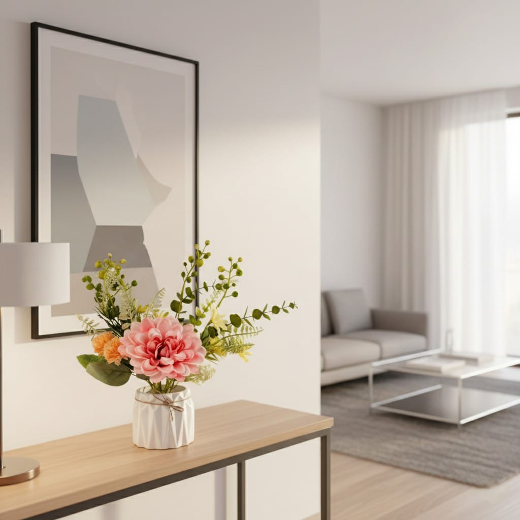 Dekorly 25cm Artificial Chrysanthemum Floral Arrangement – Burgundy & Yellow Blooms with Greenery in Decorative White Pot with Rope Tie | Faux Flower Centerpiece for Home & Office Décor