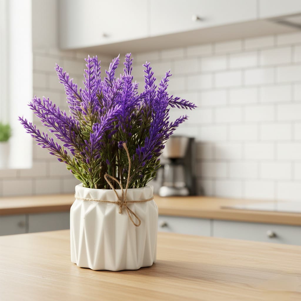 Dekorly Artificial Lavender Plant in White Pot, 18cm – Realistic Faux Flower Arrangement for Home & Office Décor.