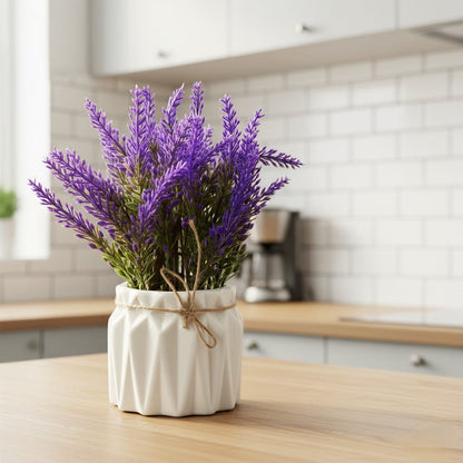 Dekorly Artificial Lavender Plant in White Pot, 18cm – Realistic Faux Flower Arrangement for Home & Office Décor.