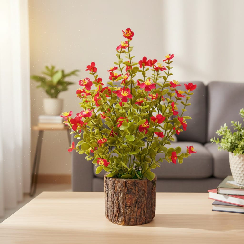 Dekorly Artificial Flower Fern Bush in Rustic Wood Pot|35 cm – Lifelike Blossom Faux Plant for Home & Office Décor