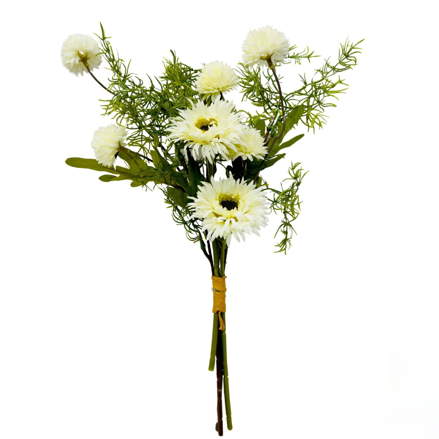 Bouquet of white flowers with green leaves on a white background