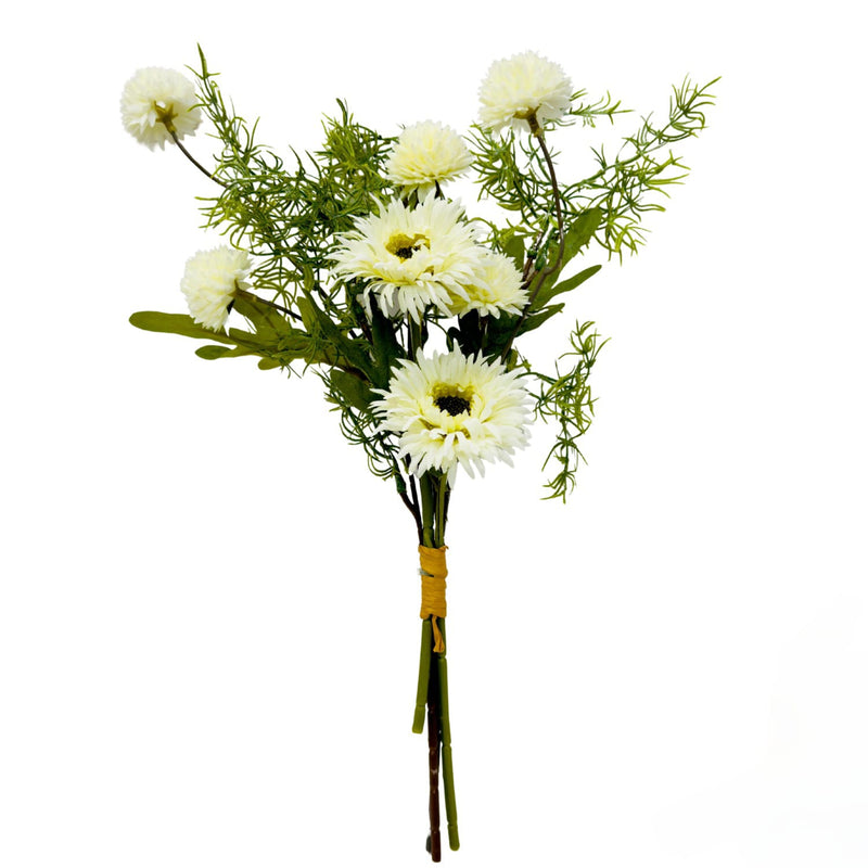 Bouquet of white flowers with green leaves on a white background