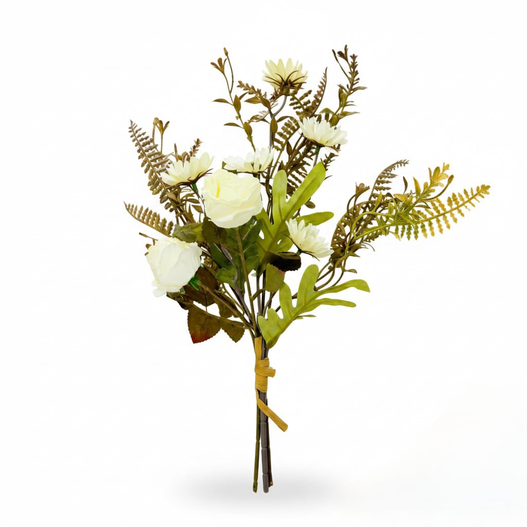 Bouquet of artificial flowers with white roses and greenery on a white background