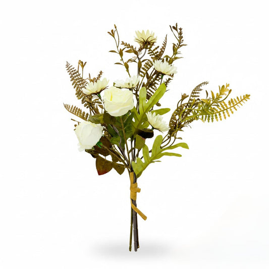 Bouquet of artificial flowers with white roses and greenery on a white background