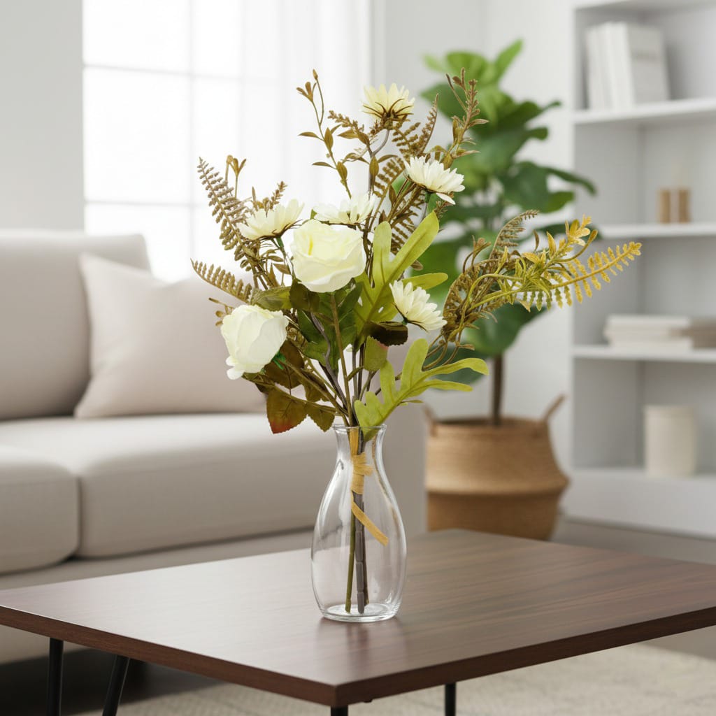 Dekorly White Artificial Rose Bouquet | Real-Looking Rose Flowers, Mini Daisy Flower & Wild Grass Table Décor for Home, Living Room, Office & Vase Decoration