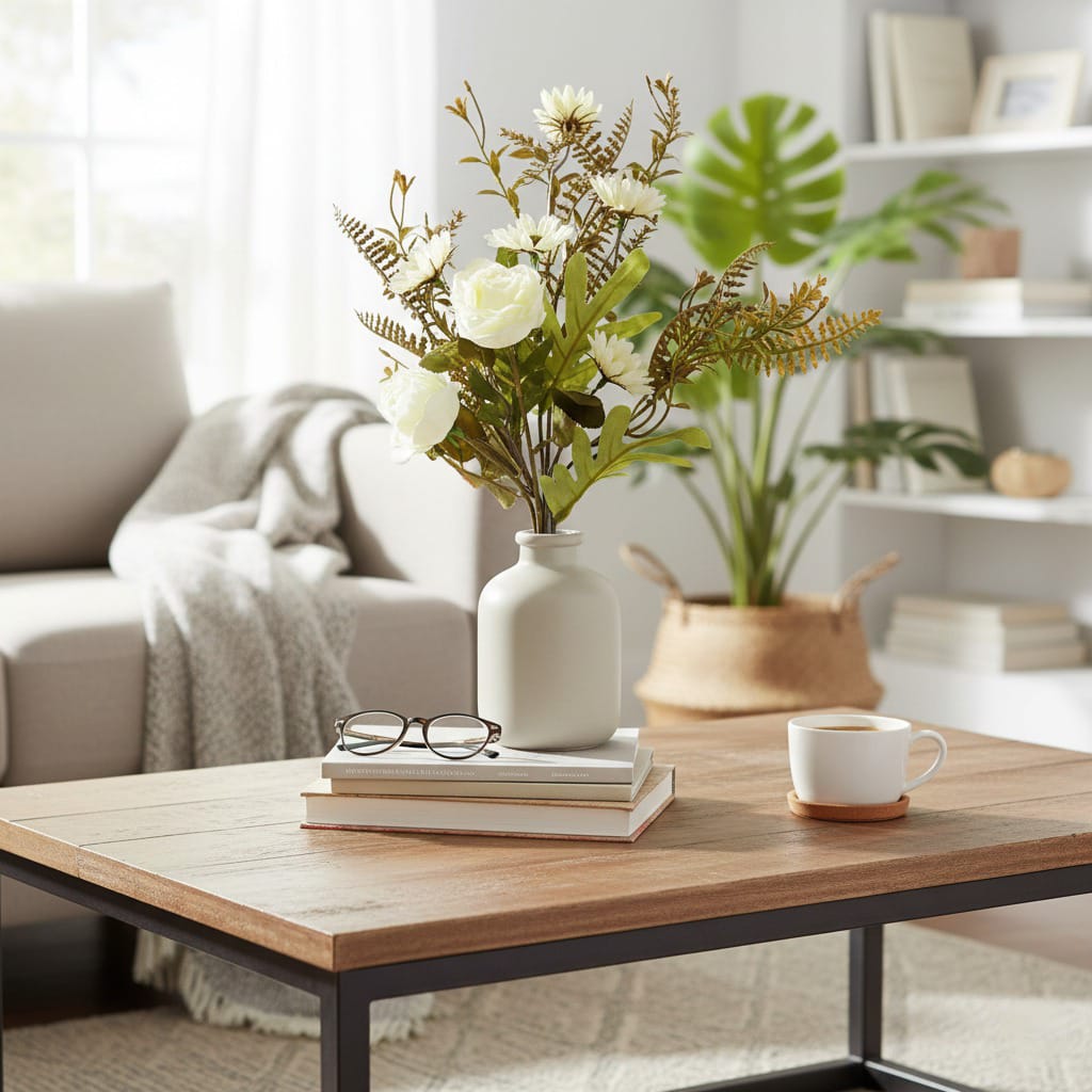 Dekorly White Artificial Rose Bouquet | Real-Looking Rose Flowers, Mini Daisy Flower & Wild Grass Table Décor for Home, Living Room, Office & Vase Decoration