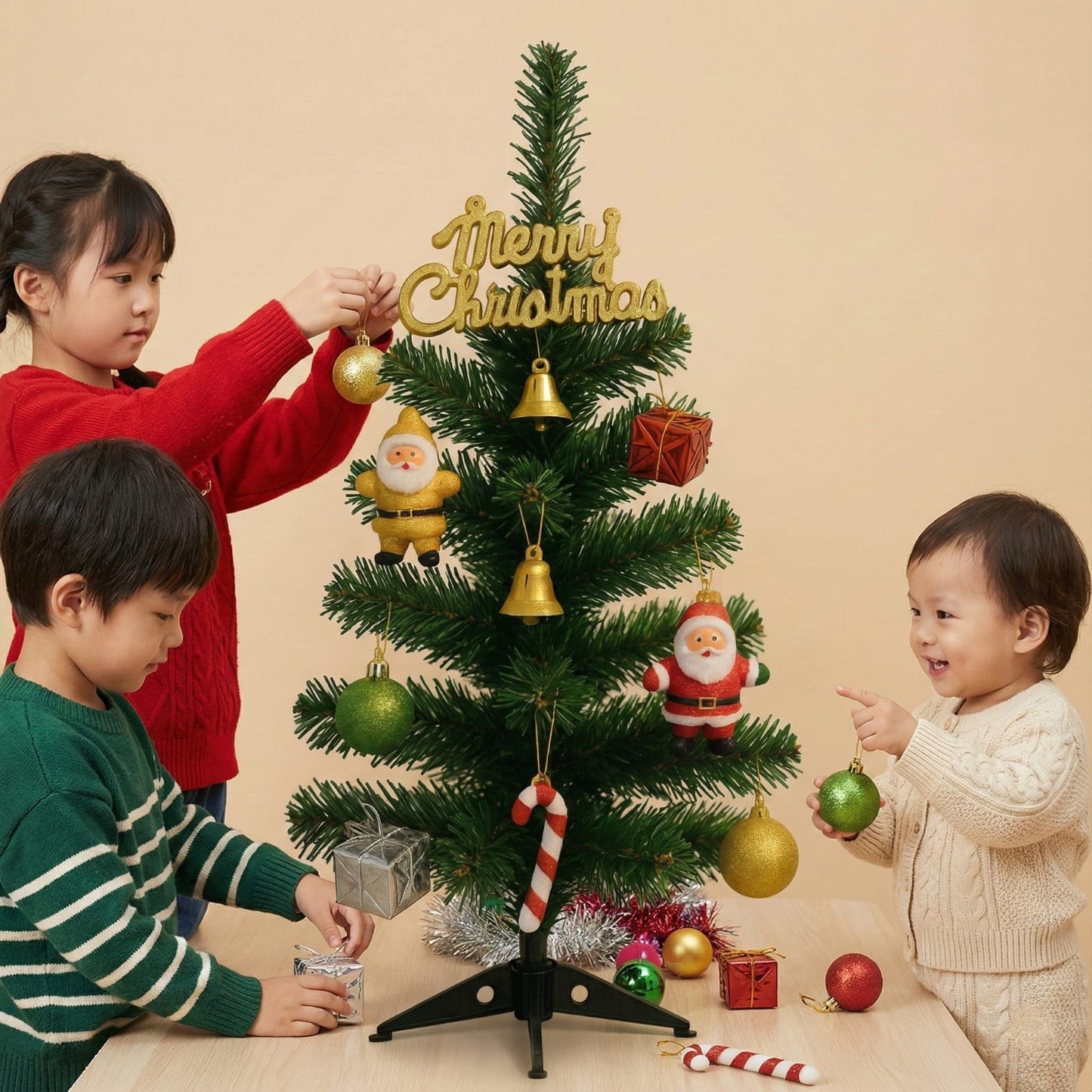 Dekorly 50cm Mini Artificial Christmas Tree with Ornaments, Tabletop Xmas Tree with Santa, Bells & Balls for Home Office Holiday Décor