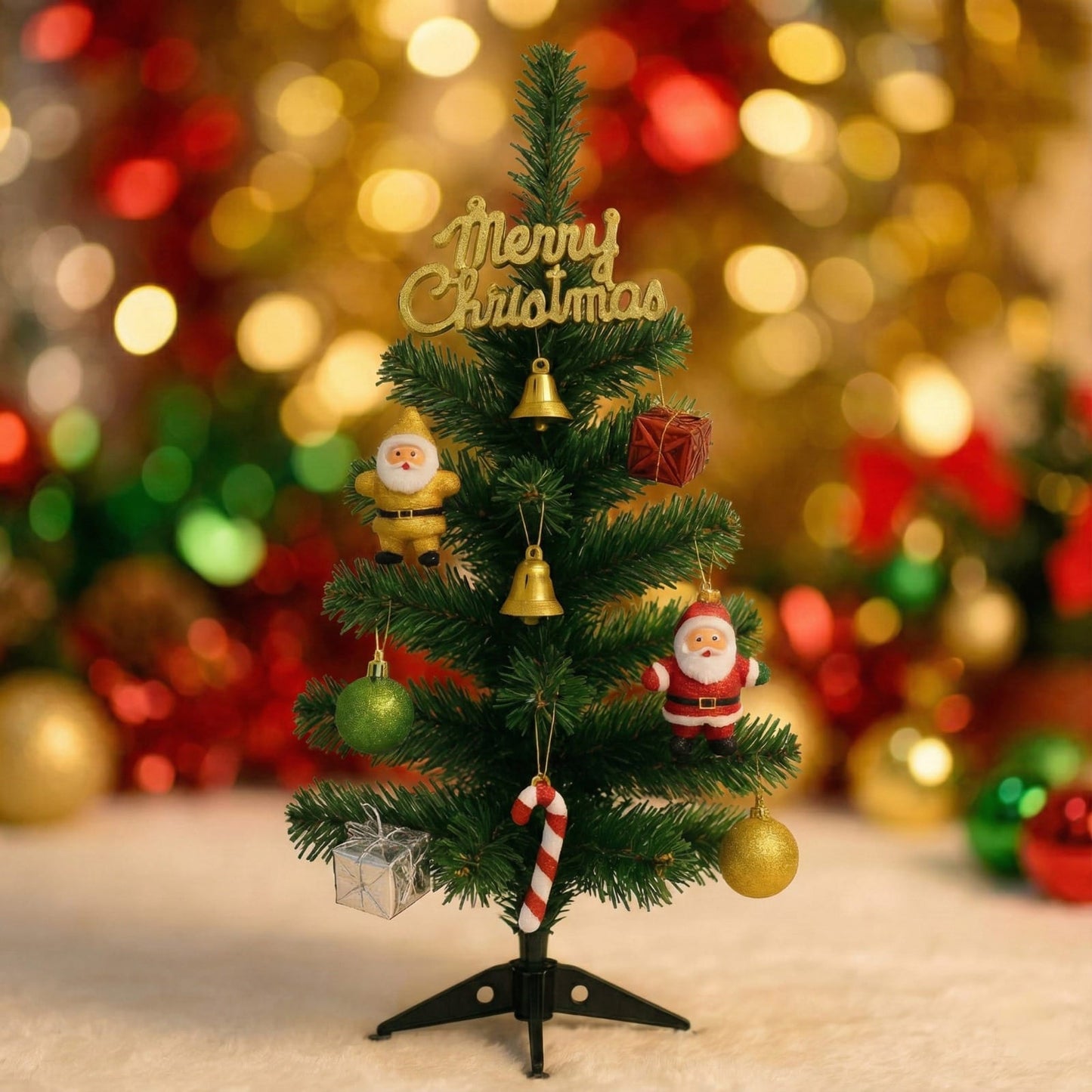 Dekorly 50cm Mini Artificial Christmas Tree with Ornaments, Tabletop Xmas Tree with Santa, Bells & Balls for Home Office Holiday Décor