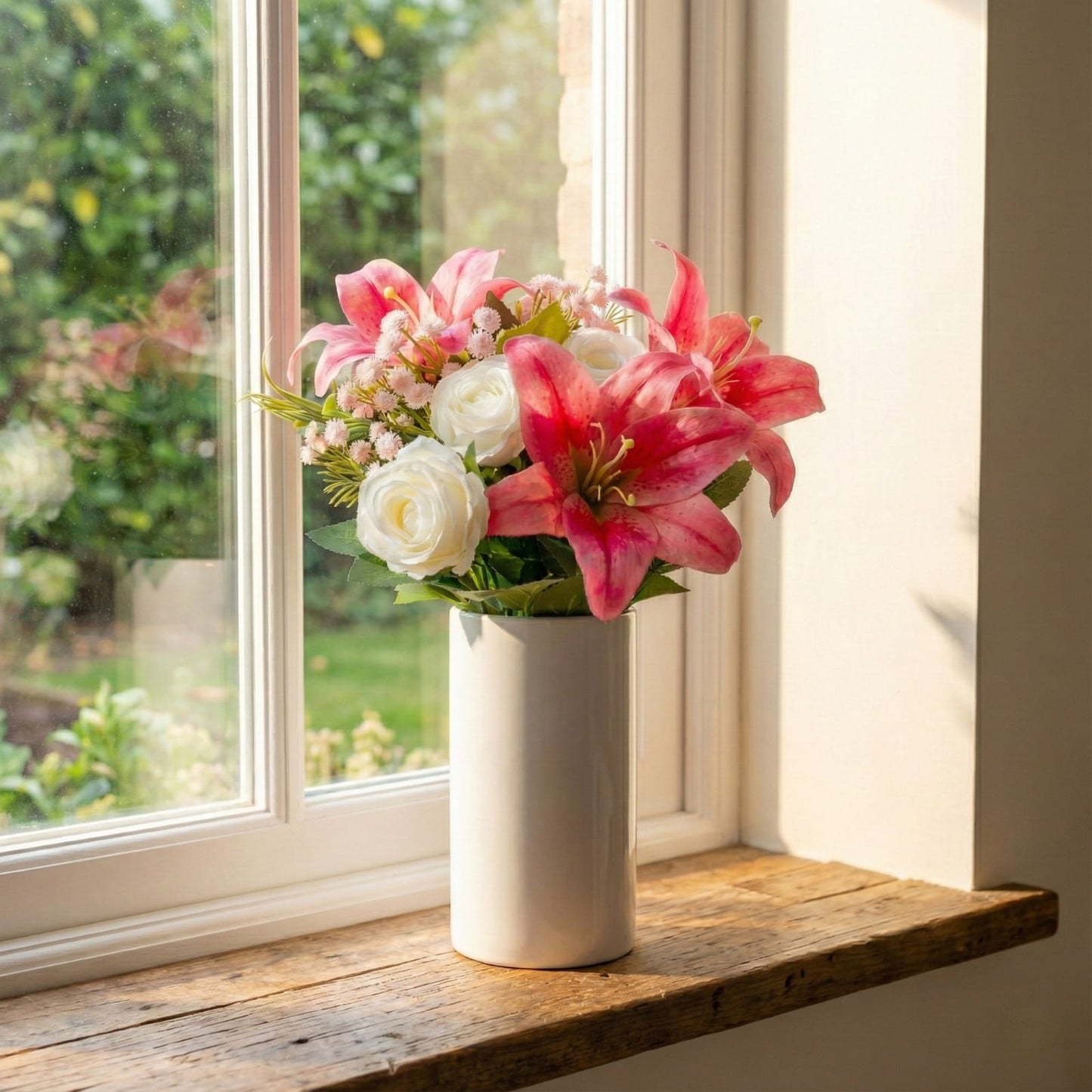 Dekorly Artificial Pink Lily & White Rose Flower Bouquet for Home & Office Décor Perfect for Gifting| 15 Inches Pink Lily Artificial Flower (40 cm, Pack of 1, Flower Bunch)