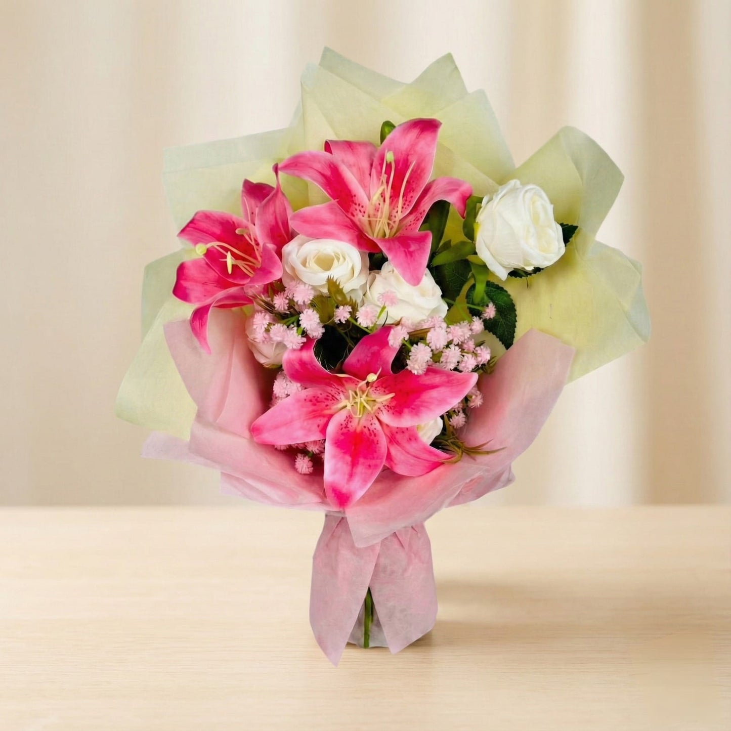 Dekorly Artificial Pink Lily & White Rose Flower Bouquet for Home & Office Décor Perfect for Gifting| 15 Inches Pink Lily Artificial Flower (40 cm, Pack of 1, Flower Bunch)