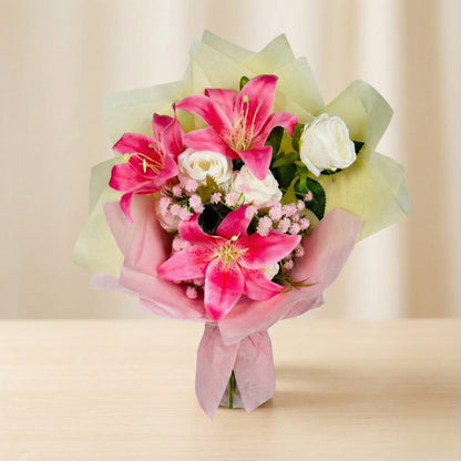 Dekorly Artificial Pink Lily & White Rose Flower Bouquet for Home & Office Décor Perfect for Gifting| 15 Inches Pink Lily Artificial Flower (40 cm, Pack of 1, Flower Bunch)