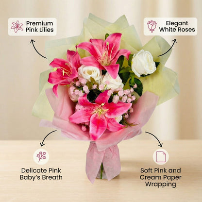 Dekorly Artificial Pink Lily & White Rose Flower Bouquet for Home & Office Décor Perfect for Gifting| 15 Inches Pink Lily Artificial Flower (40 cm, Pack of 1, Flower Bunch)