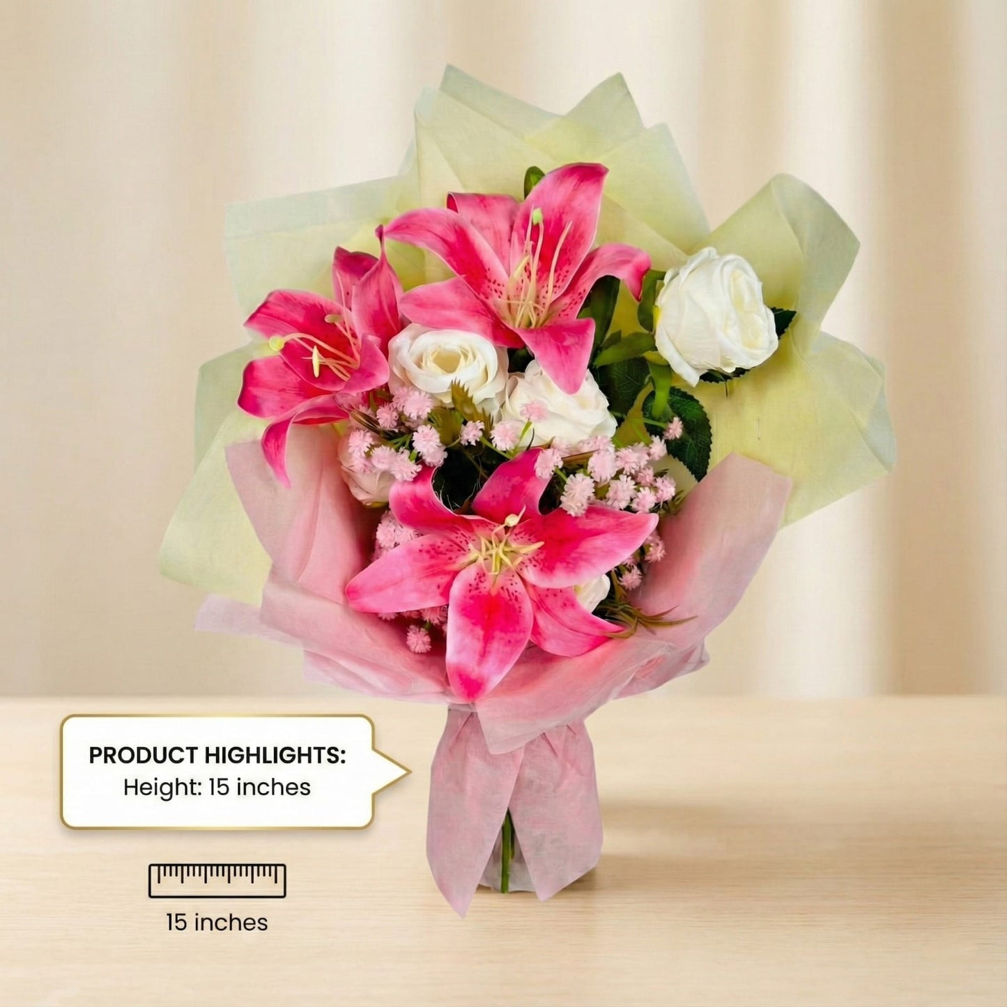 Dekorly Artificial Pink Lily & White Rose Flower Bouquet for Home & Office Décor Perfect for Gifting| 15 Inches Pink Lily Artificial Flower (40 cm, Pack of 1, Flower Bunch)