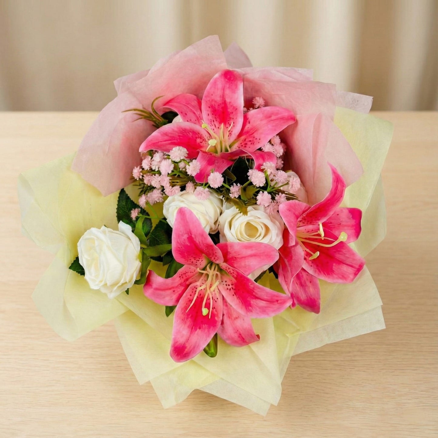 Dekorly Artificial Pink Lily & White Rose Flower Bouquet for Home & Office Décor Perfect for Gifting| 15 Inches Pink Lily Artificial Flower (40 cm, Pack of 1, Flower Bunch)