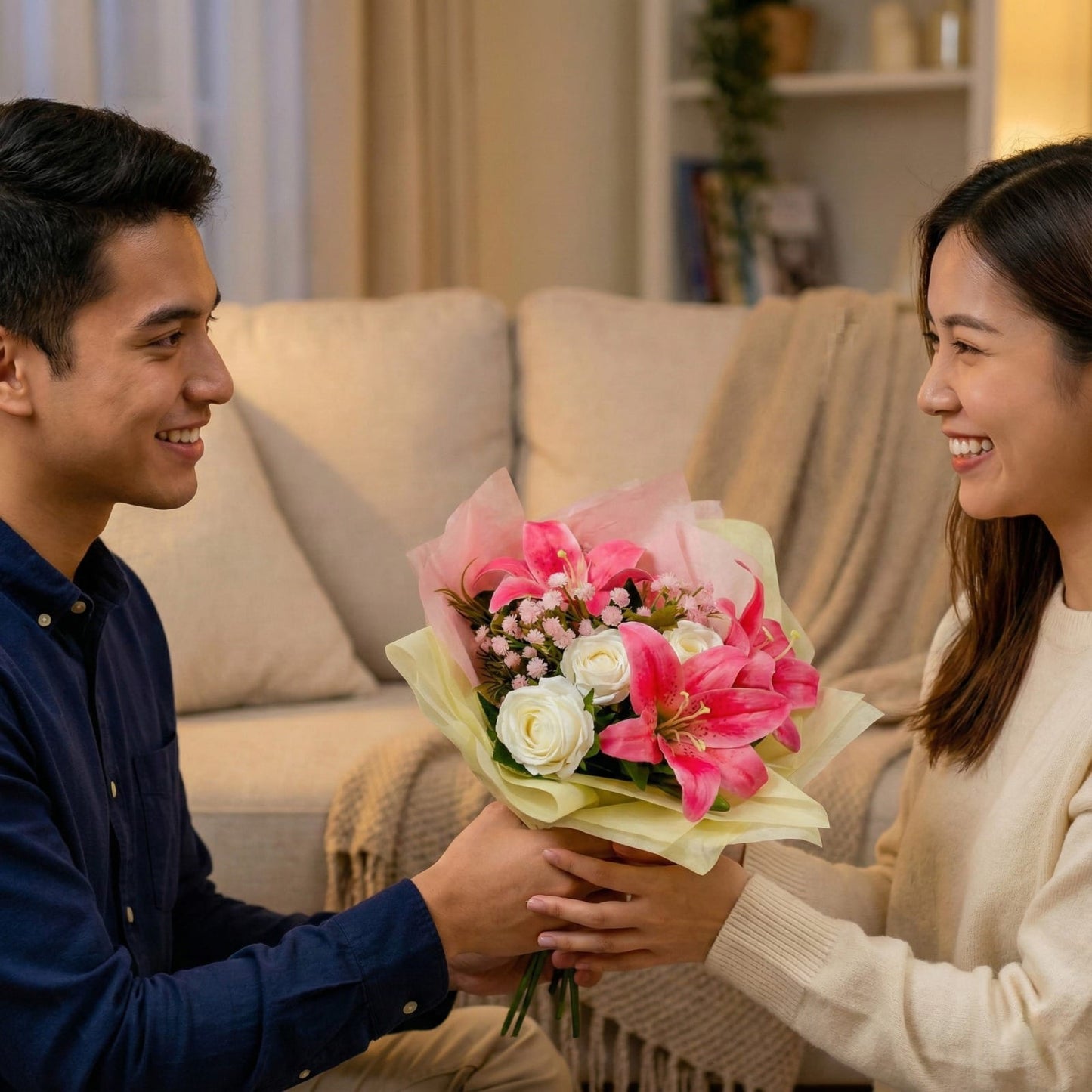 Dekorly Artificial Pink Lily & White Rose Flower Bouquet for Home & Office Décor Perfect for Gifting| 15 Inches Pink Lily Artificial Flower (40 cm, Pack of 1, Flower Bunch)