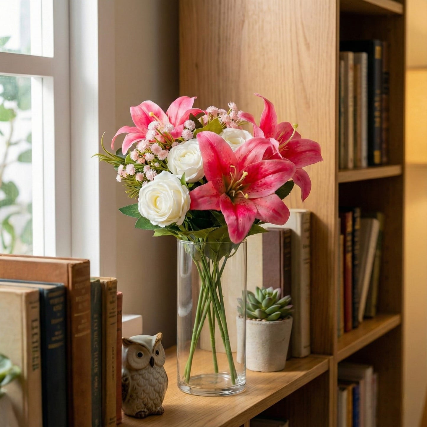 Dekorly Artificial Pink Lily & White Rose Flower Bouquet for Home & Office Décor Perfect for Gifting| 15 Inches Pink Lily Artificial Flower (40 cm, Pack of 1, Flower Bunch)