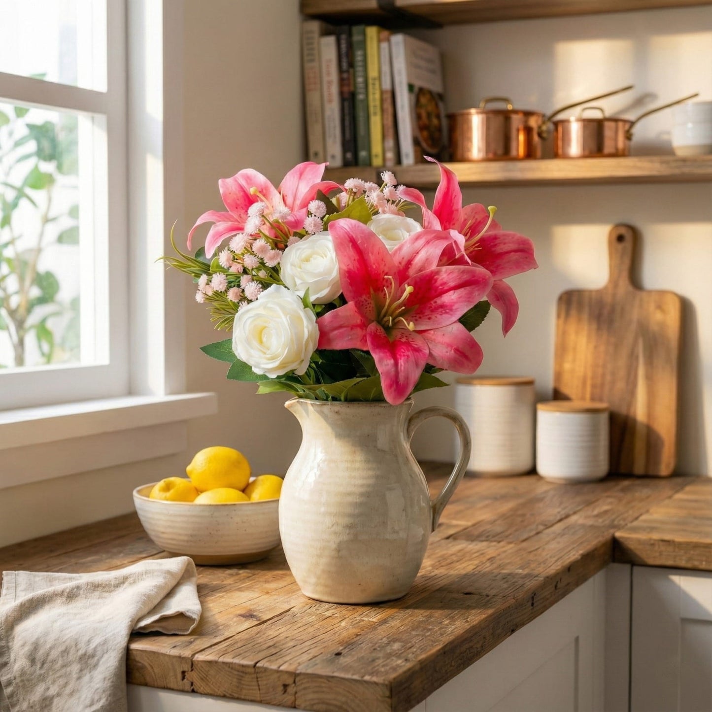 Dekorly Artificial Pink Lily & White Rose Flower Bouquet for Home & Office Décor Perfect for Gifting| 15 Inches Pink Lily Artificial Flower (40 cm, Pack of 1, Flower Bunch)