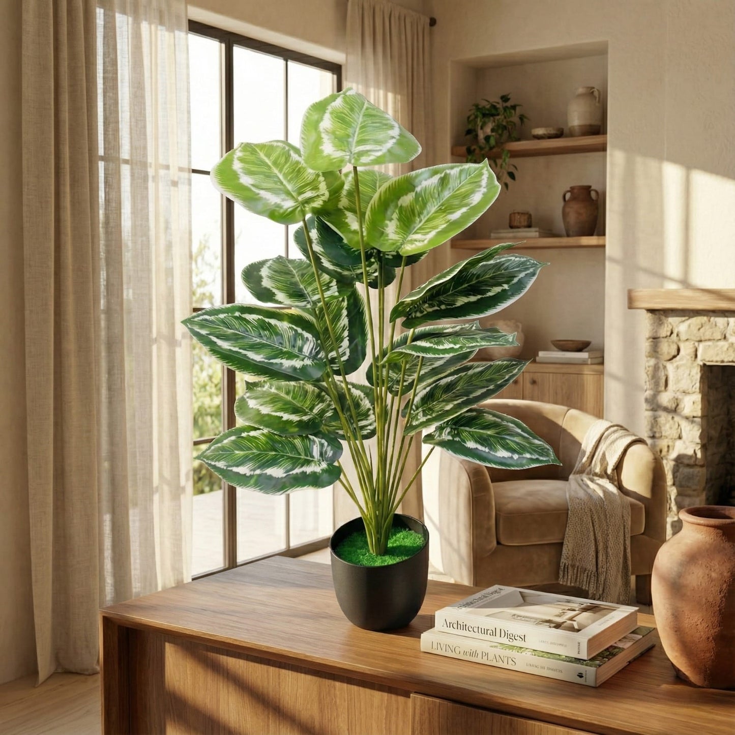 Dekorly Plastic Fake Plants Artificial Floor Plants Large Tropical Palm Tree for Home Decor (African Mask Plant)