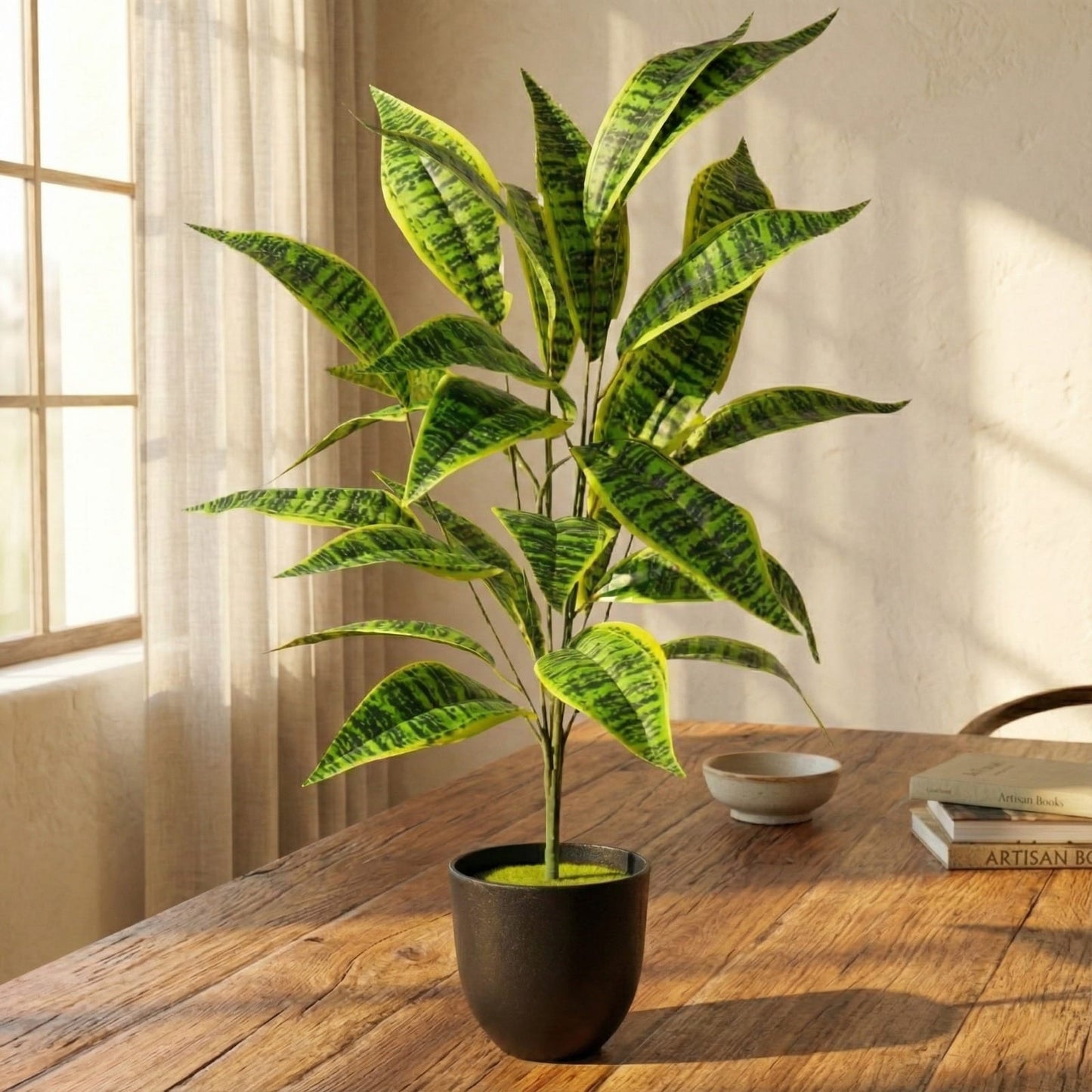 Dekorly Large Artificial Zebra Leaf Plant 26 Leaves – 30 Inch Fake Tropical Palm for Indoor Home Decor