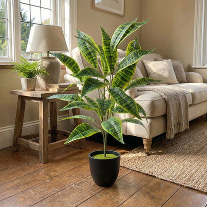 Dekorly Large Artificial Zebra Leaf Plant 26 Leaves – 30 Inch Fake Tropical Palm for Indoor Home Decor