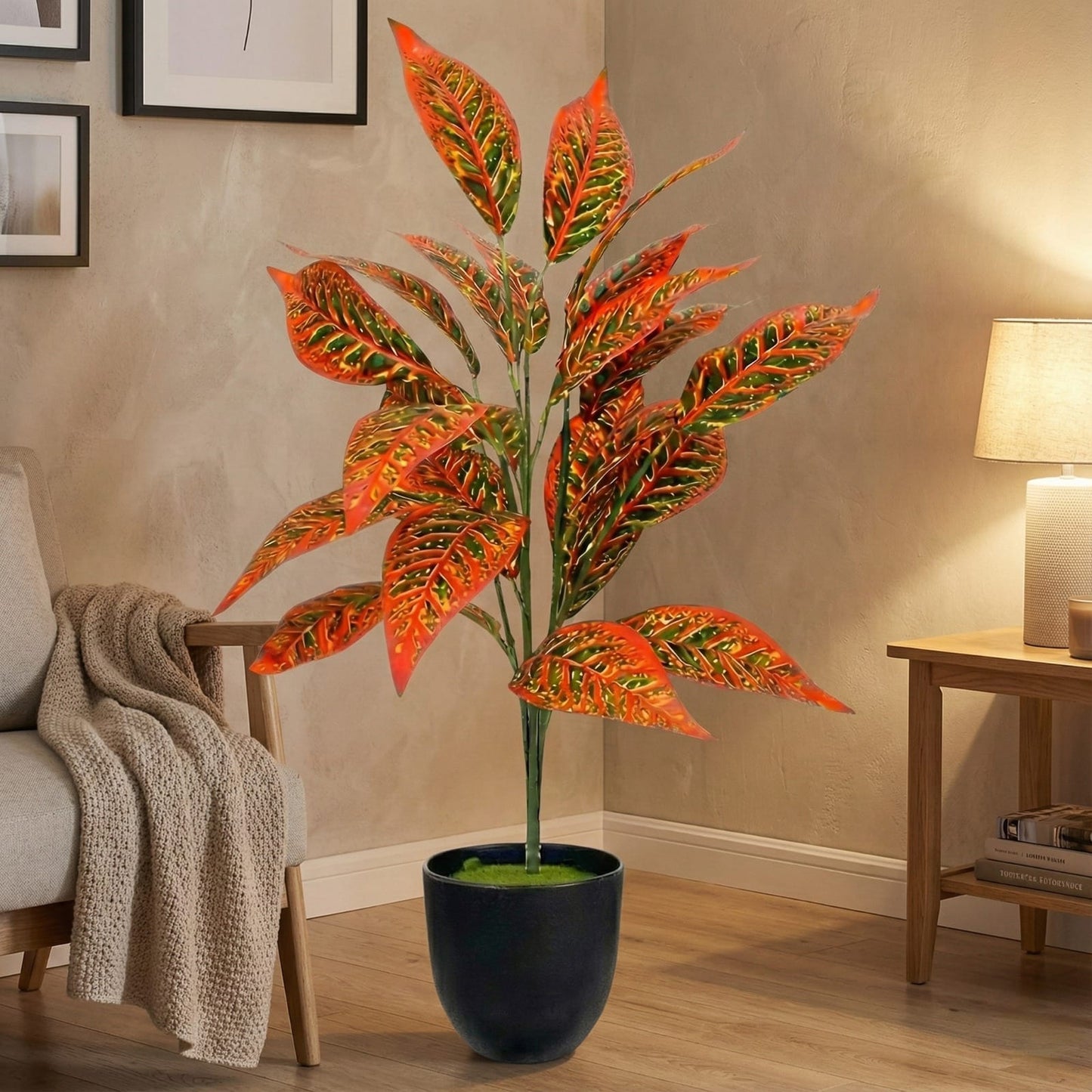 Dekorly Artificial Reddish Zebra Leaf Tropical Plant – 30 Inch Fake Palm with 26 Leaves for Home Decor