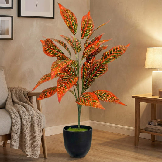 Dekorly Artificial Reddish Zebra Leaf Tropical Plant – 30 Inch Fake Palm with 26 Leaves for Home Decor