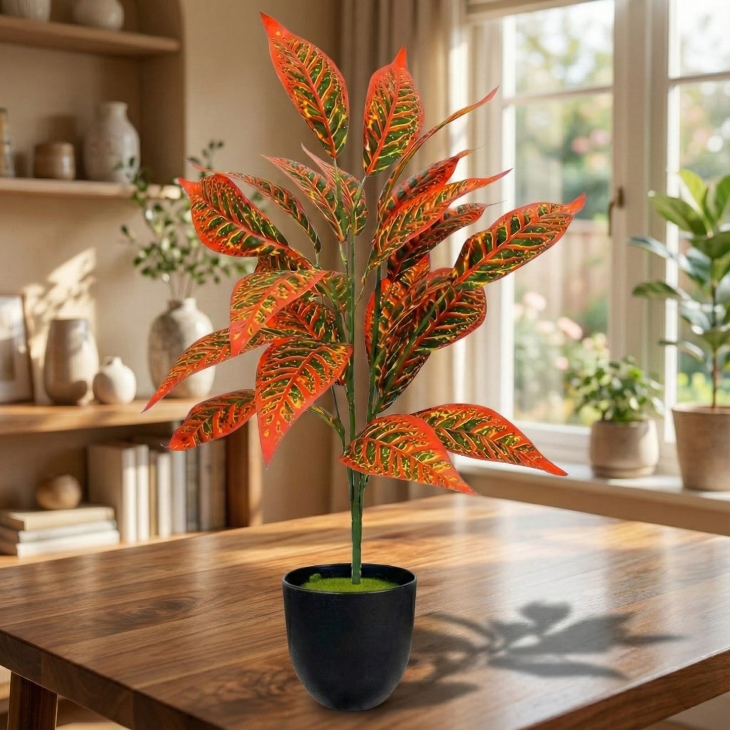 Dekorly Artificial Reddish Zebra Leaf Tropical Plant – 30 Inch Fake Palm with 26 Leaves for Home Decor