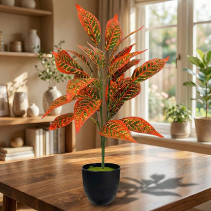 Dekorly Artificial Reddish Zebra Leaf Tropical Plant – 30 Inch Fake Palm with 26 Leaves for Home Decor